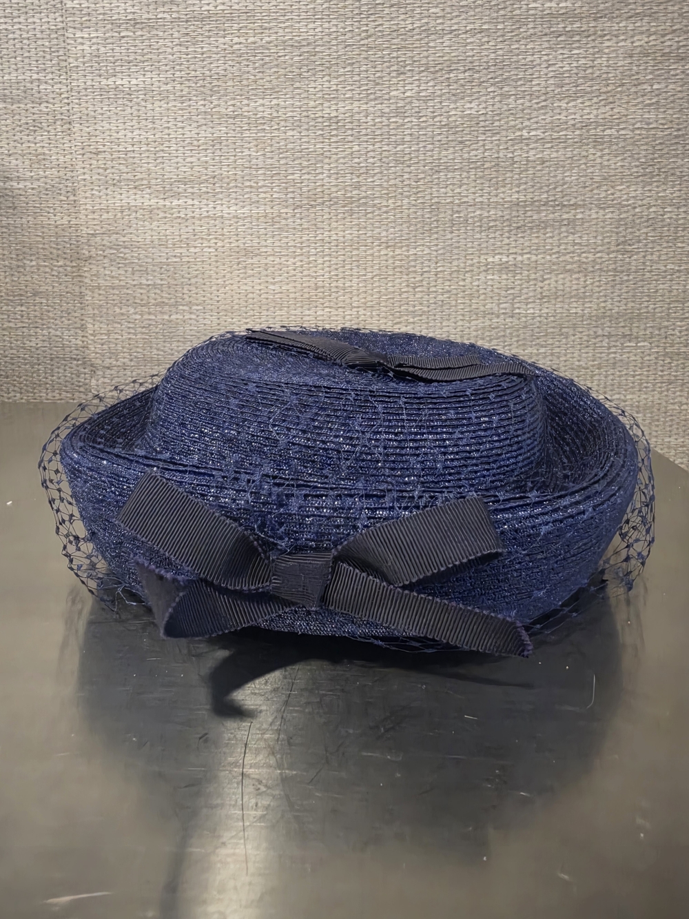 Vintage 1950s Navy Blue Straw Breton Lampshade Cocktail Hat Double Bow Veiled